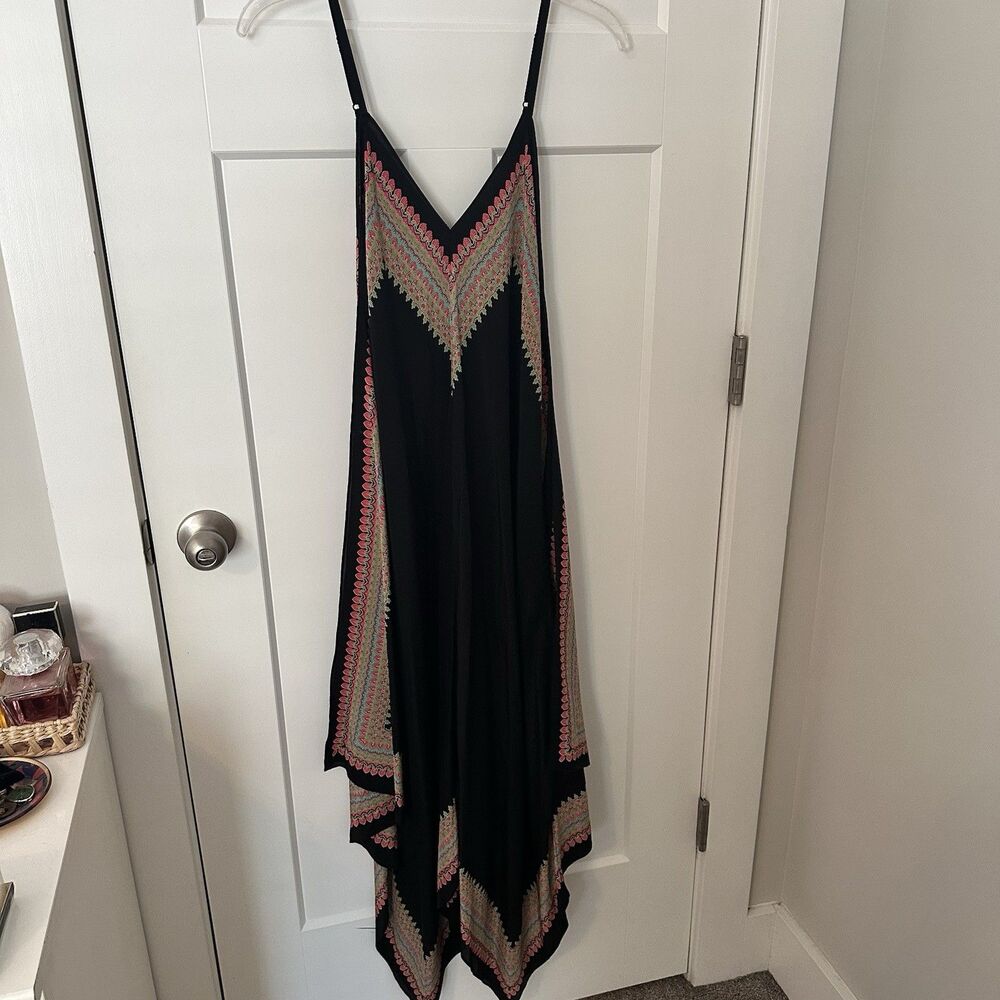 NWT Silk Black And Multicolor Scarf Style Spaghetti Strap Midi Dress Size M/L